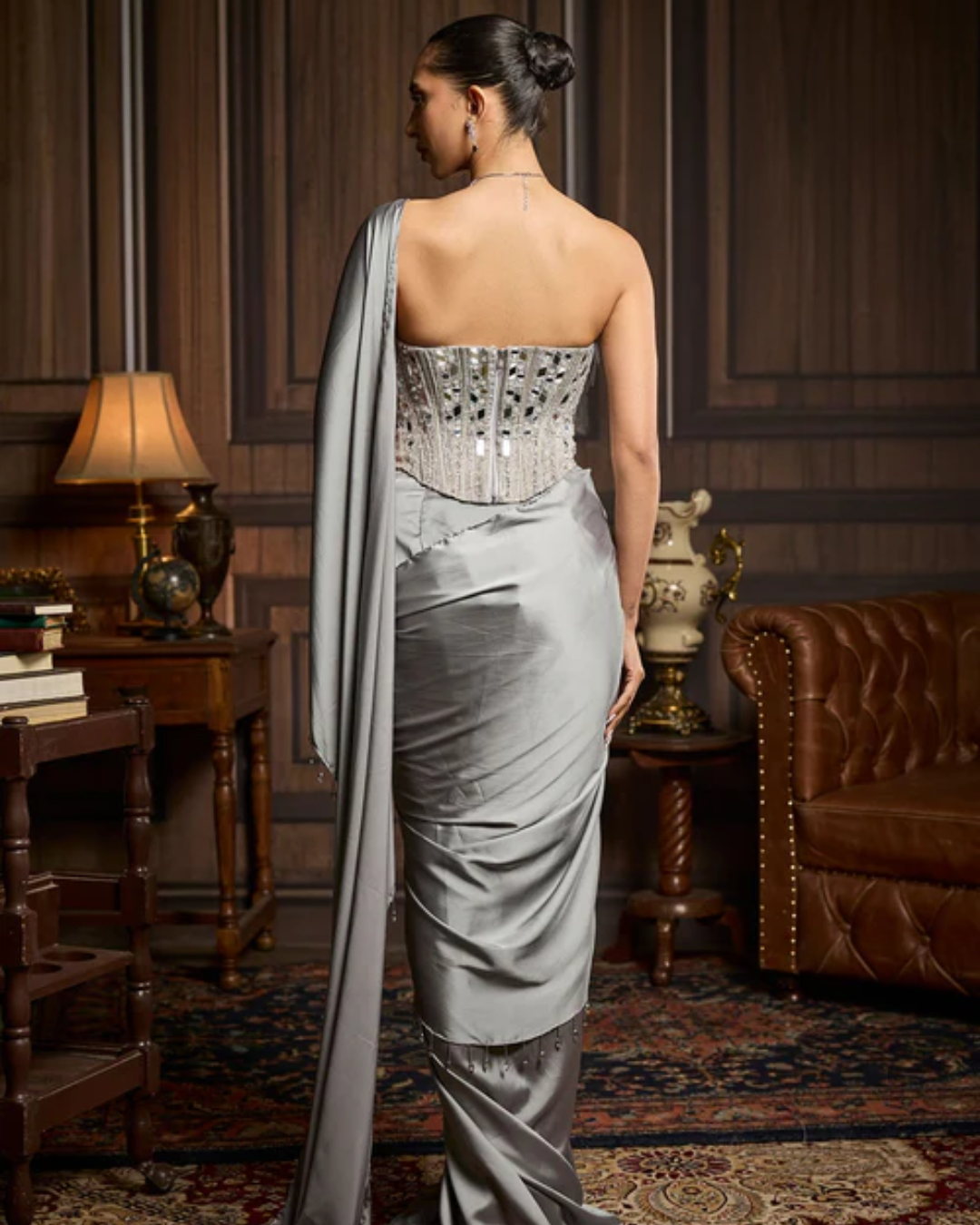Diya Rajvvir - Silver Embellished Blouse And Pre Draped Saree Set from Taara
