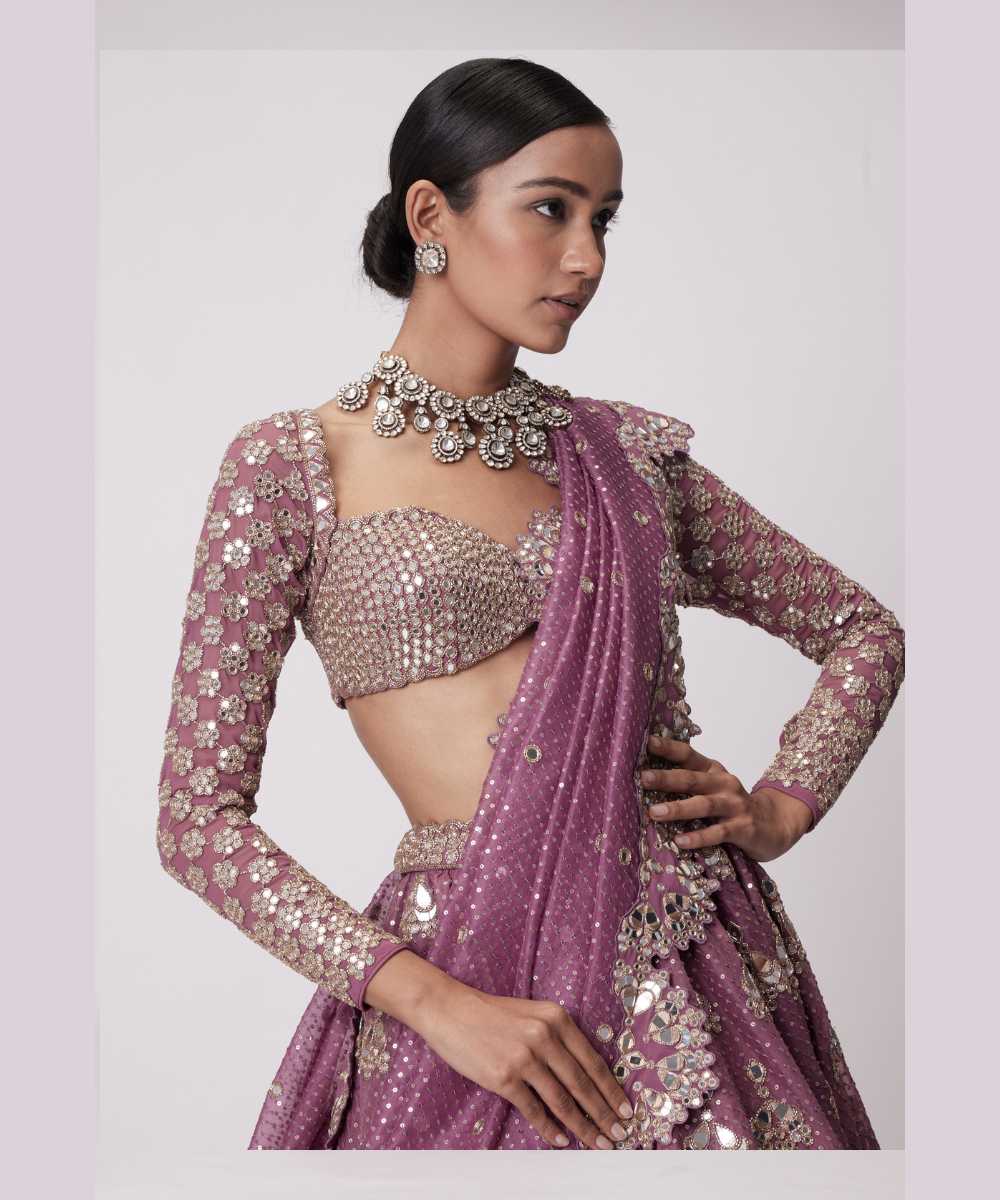 MUD  MAUVE SEQUIN AND FLOWER EMBROIDERED LEHENGA SET - Jugmug Bride by Vvani Vats