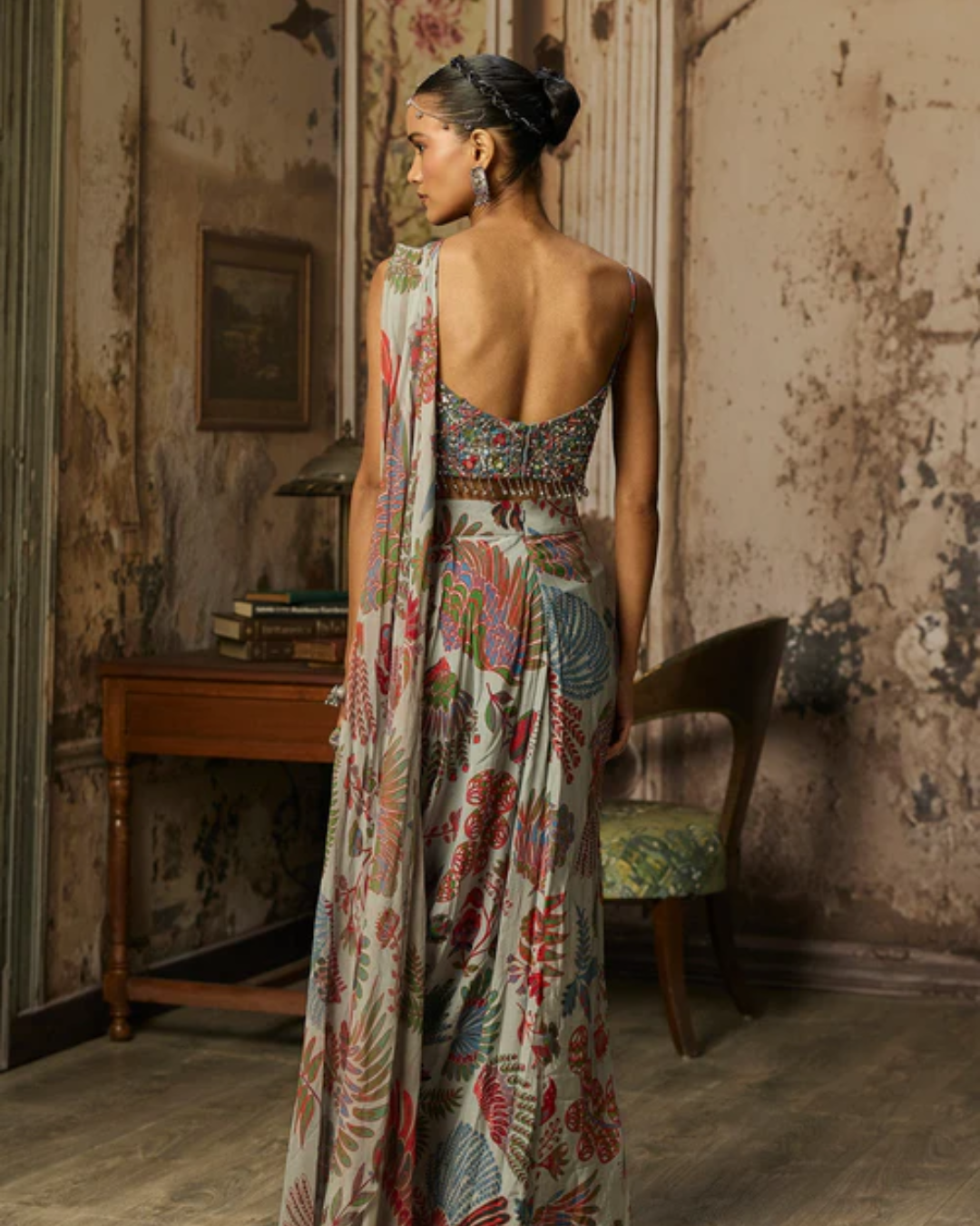 Diya Rajvvir - Slate Grey Printed Drape Asymmetric Crop Top And Skirt Set from Bahaar