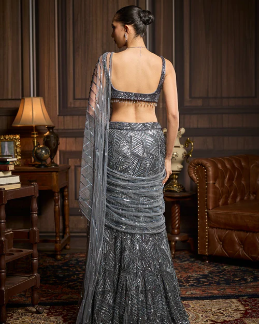 Diya Rajvvir - Silver Embellished Mirrorwork Lehenga Set from Taara