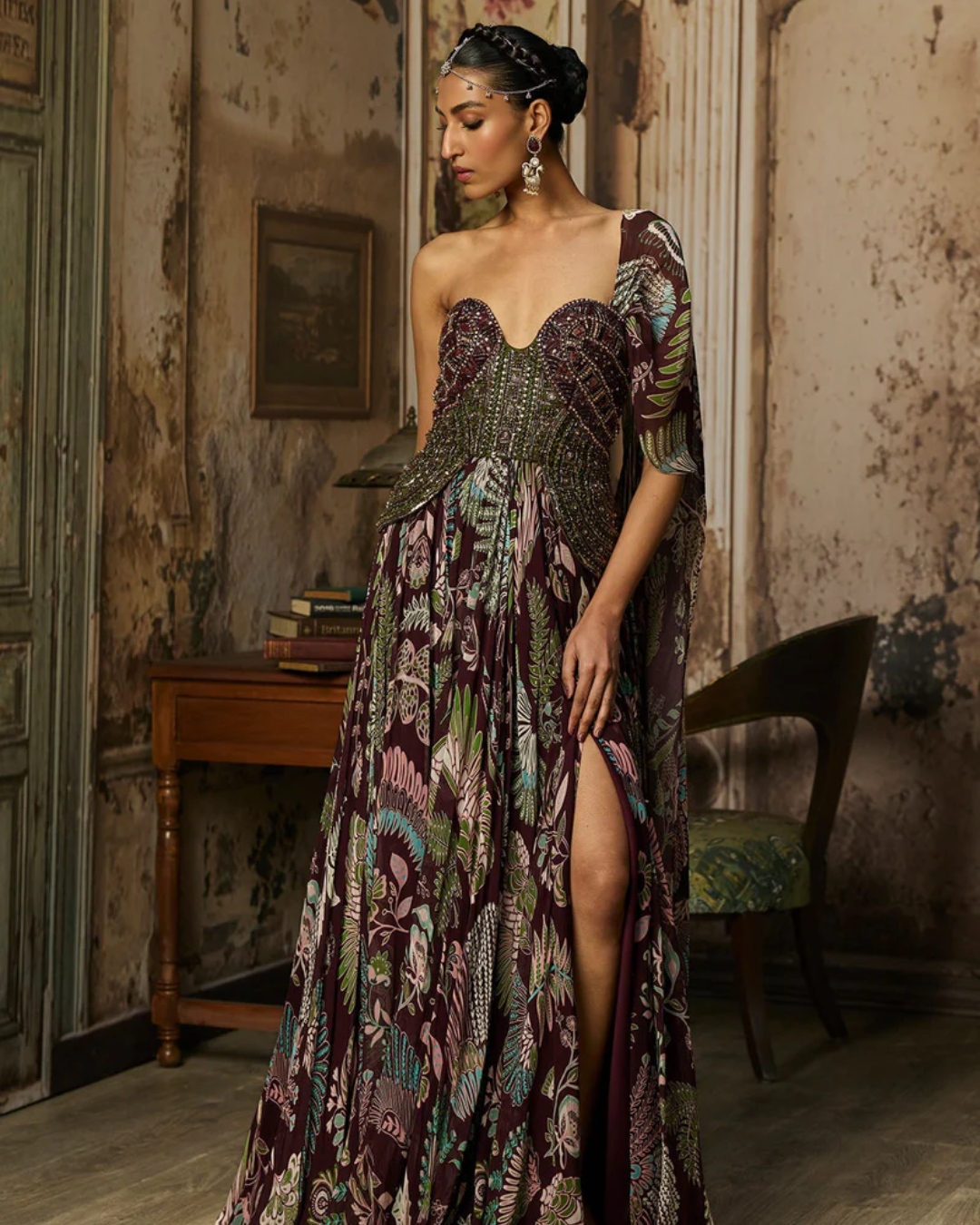 Diya Rajvvir - Plum Print And Highlighted Blouse With Skirt Set from Bahaar