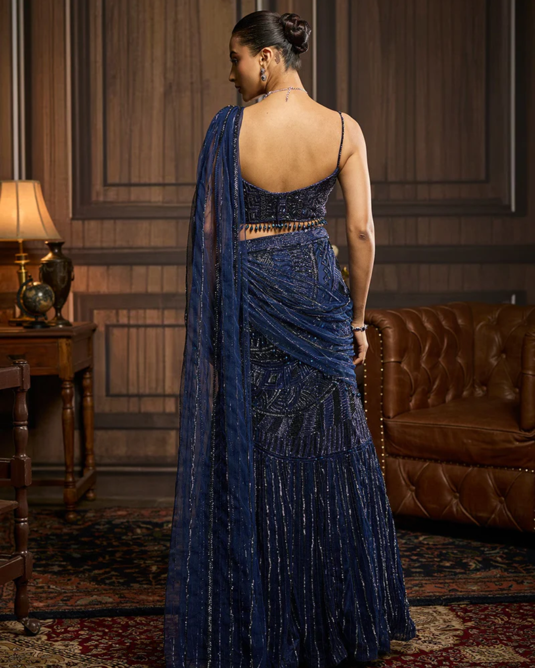 Diya Rajvvir - Midnight Blue Embellished Pre-Drapedskirt Saree Set from Taara