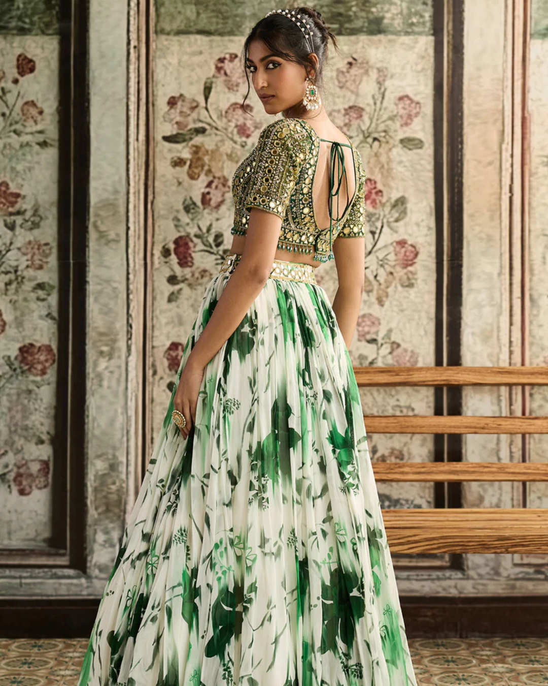 Diya Rajvvir - Ivory & Green Floral Printed Lehenga Set from Bahaar