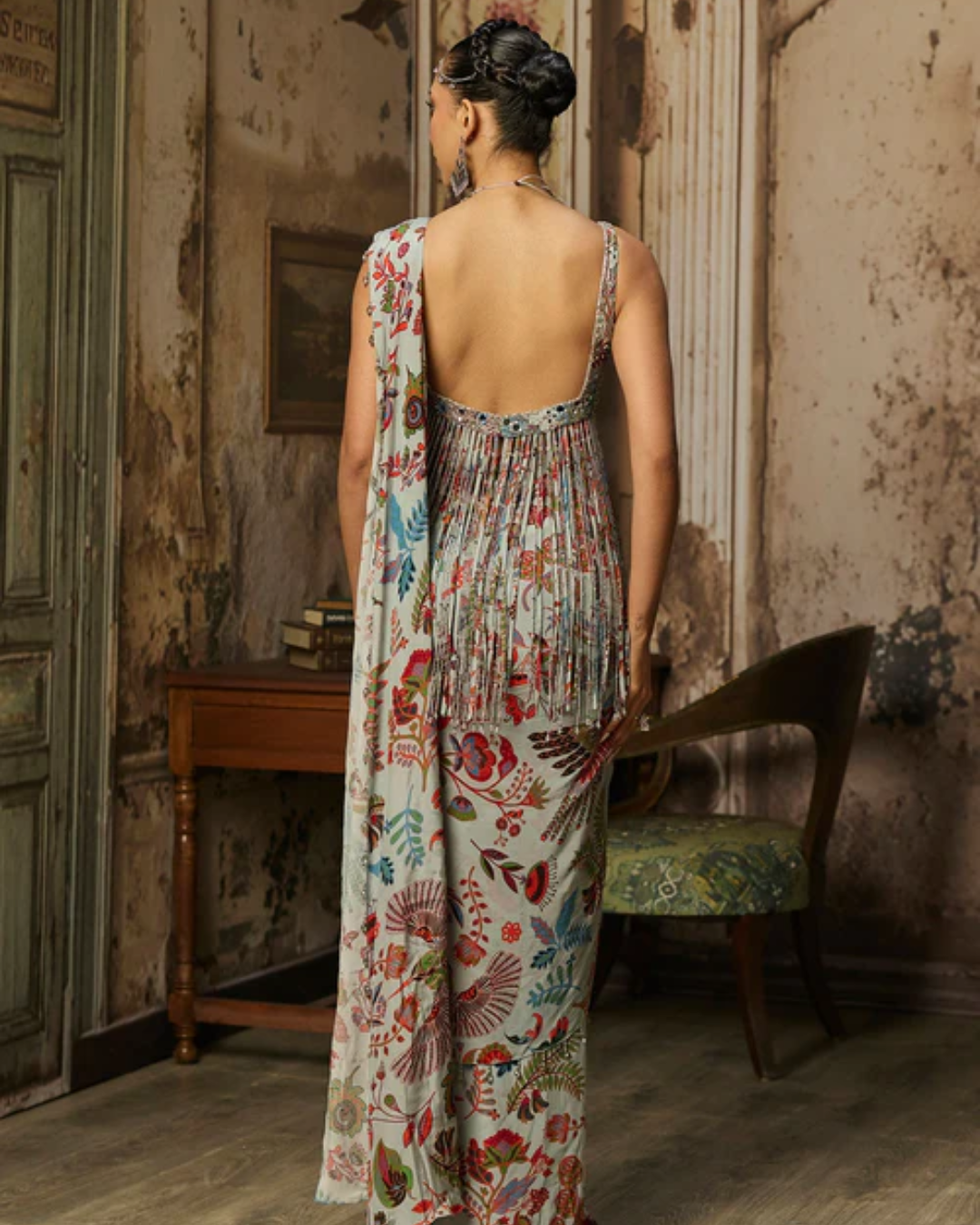 Diya Rajvvir - Slate Grey Printed And Highlighted Dhoti Skirt Saree Set from Bahaar