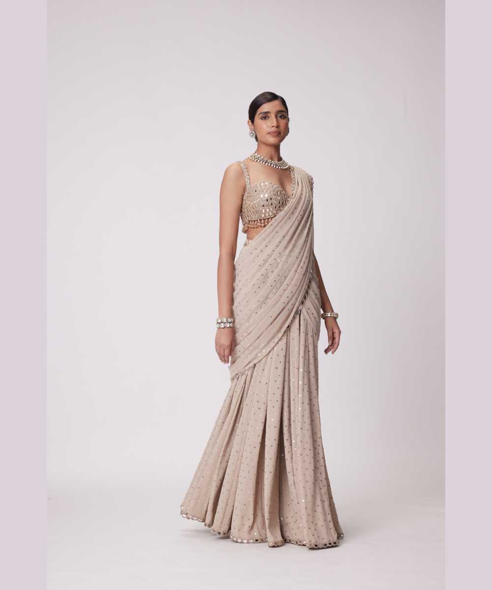 LIGHT BEIGE GEORGETTE PRE DRAPED SAREE SET - Jugmug Bride by Vvani Vats