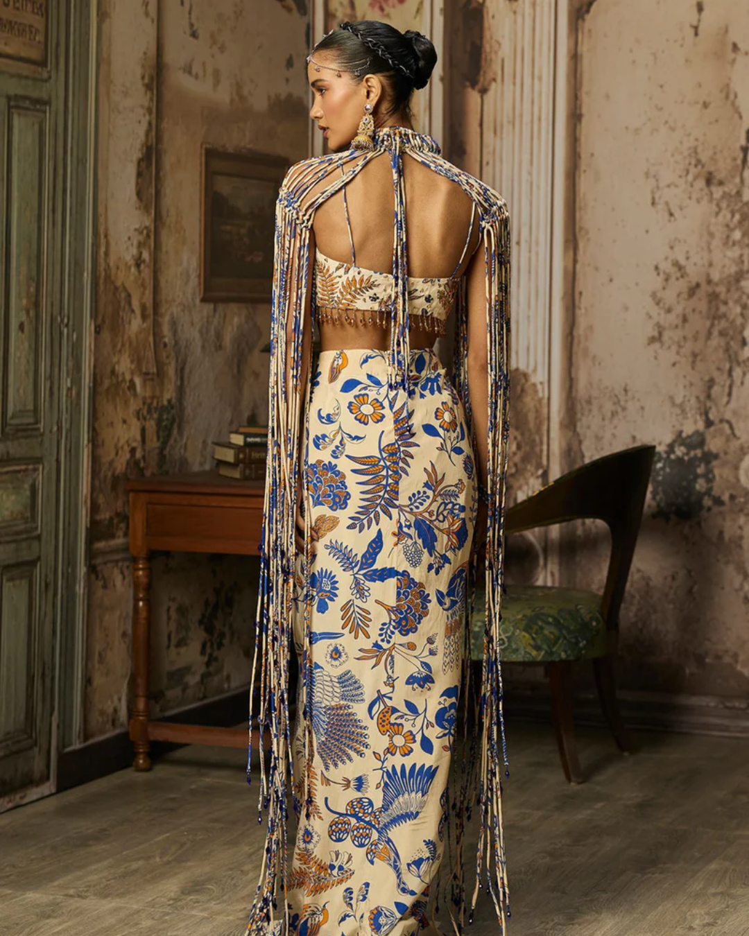 Diya Rajjvir - Ivory Printed And Highlighted Blouse With Fringe Jacket & Skirt Set from Bahaar