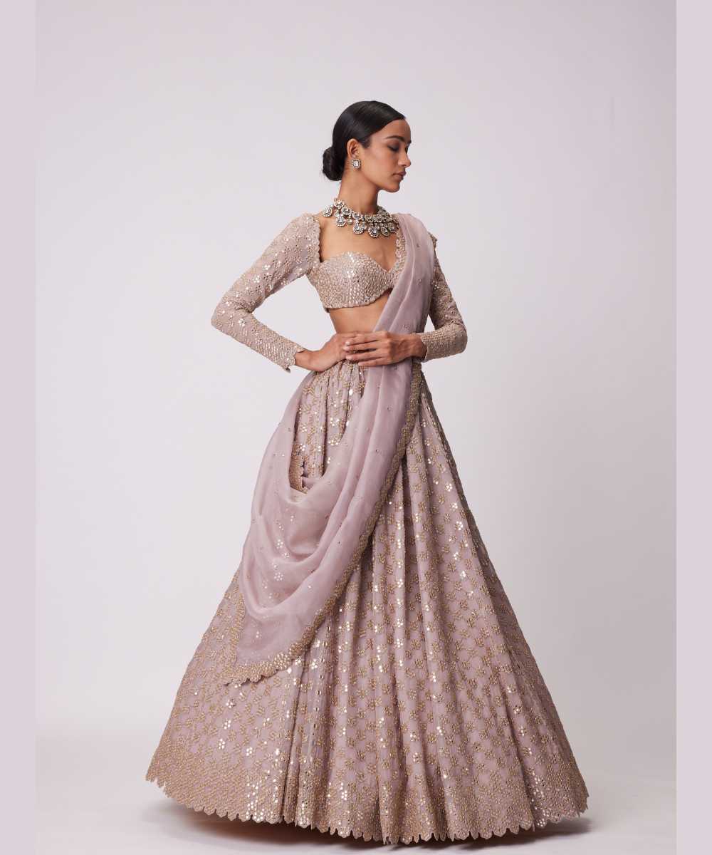 ASH PINK FLOWER EMBROIDERED LEHENGA SET - Collection name Jugmug Bride by Vvani Vats