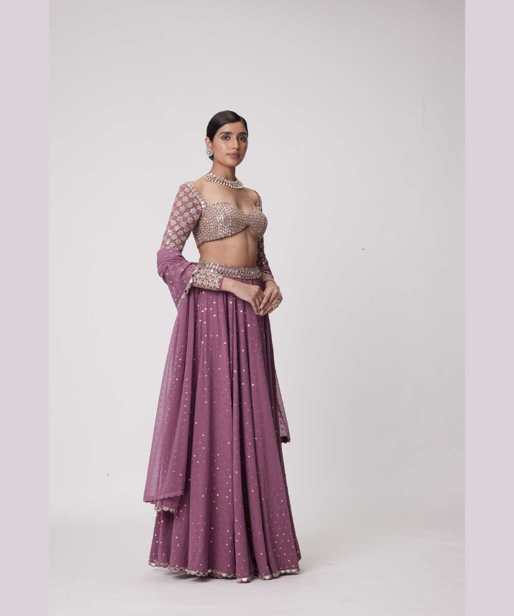 MUD  MAUVE MIRROR EMBROIDERED LEHENGA PANTS SET - Jugmug Bride by Vvani Vats
