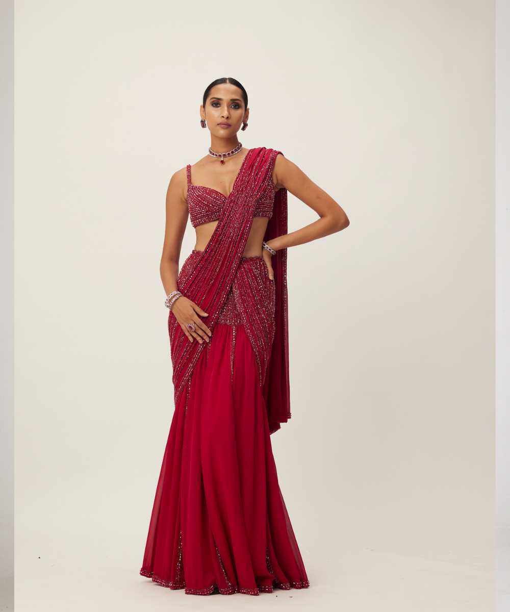 Ruby Red Pre Draped Crystal Embellished Saree Set -  Collection name Maya by Vvani Vats
