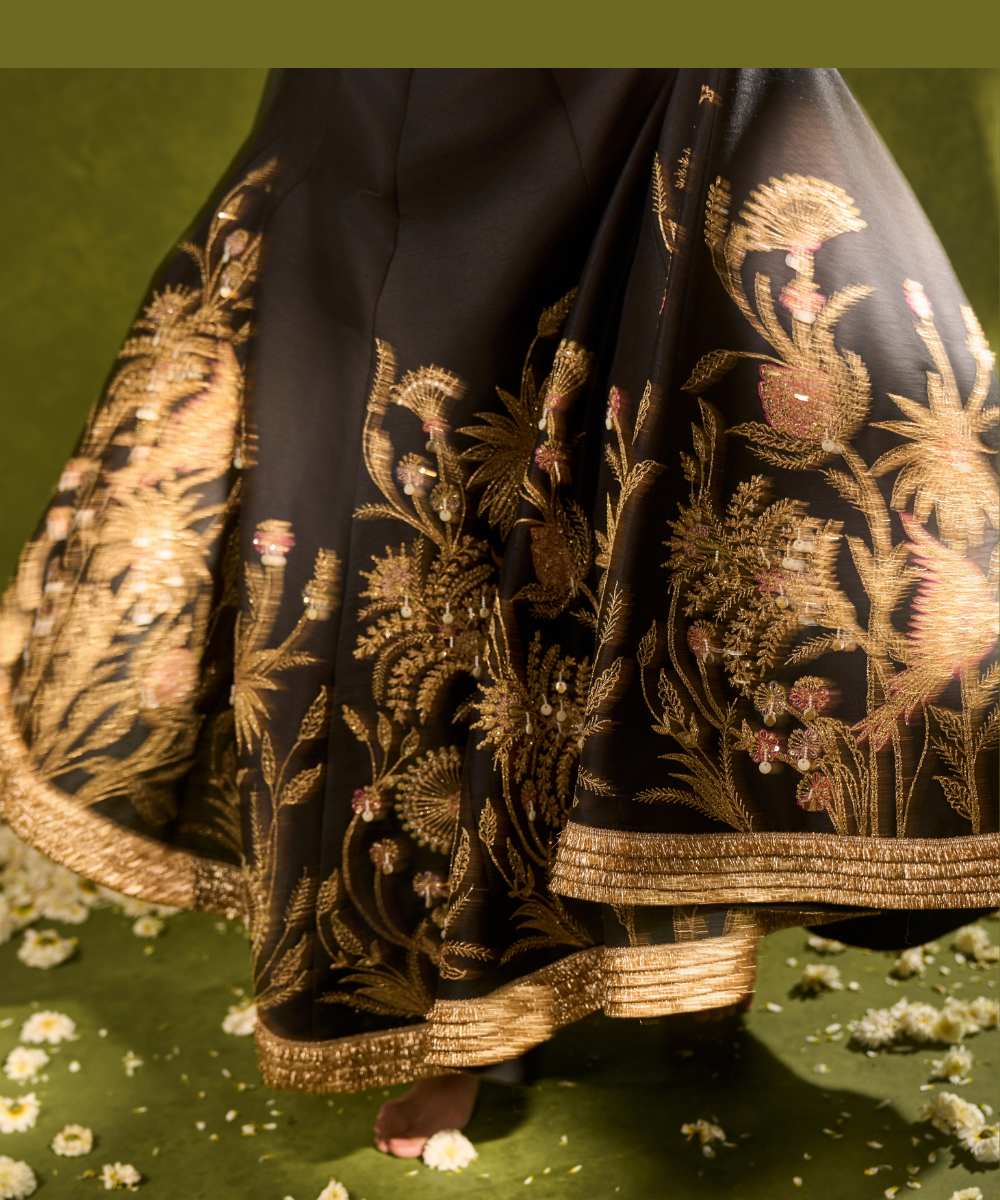 HUDA LEHENGA - Black dupion silk lehenga brought to life with forest-inspired motifs, intricately embroidered in zari, sequence, resham - Leher by Chamee and Palak