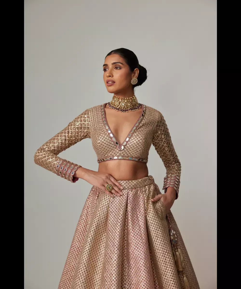 VVANI VATS - Deep beige multicolor V Neck Crop Top with Skirt