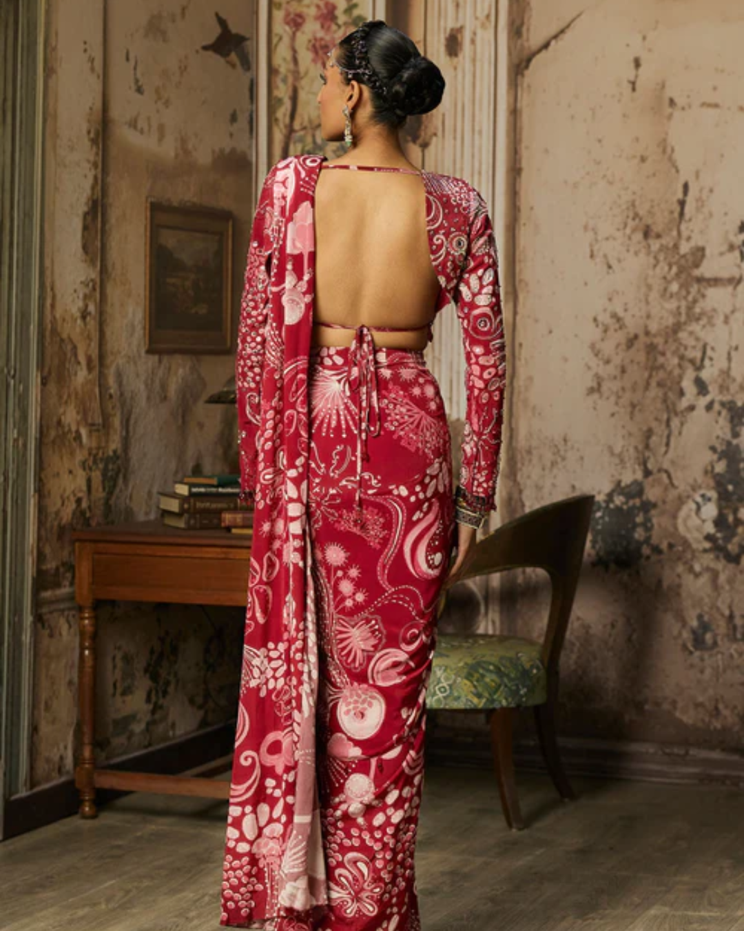 Diya Rajvvir - Scarlet Red Printed And Highlighted Dhoti Skirt Saree Set from Bahaar