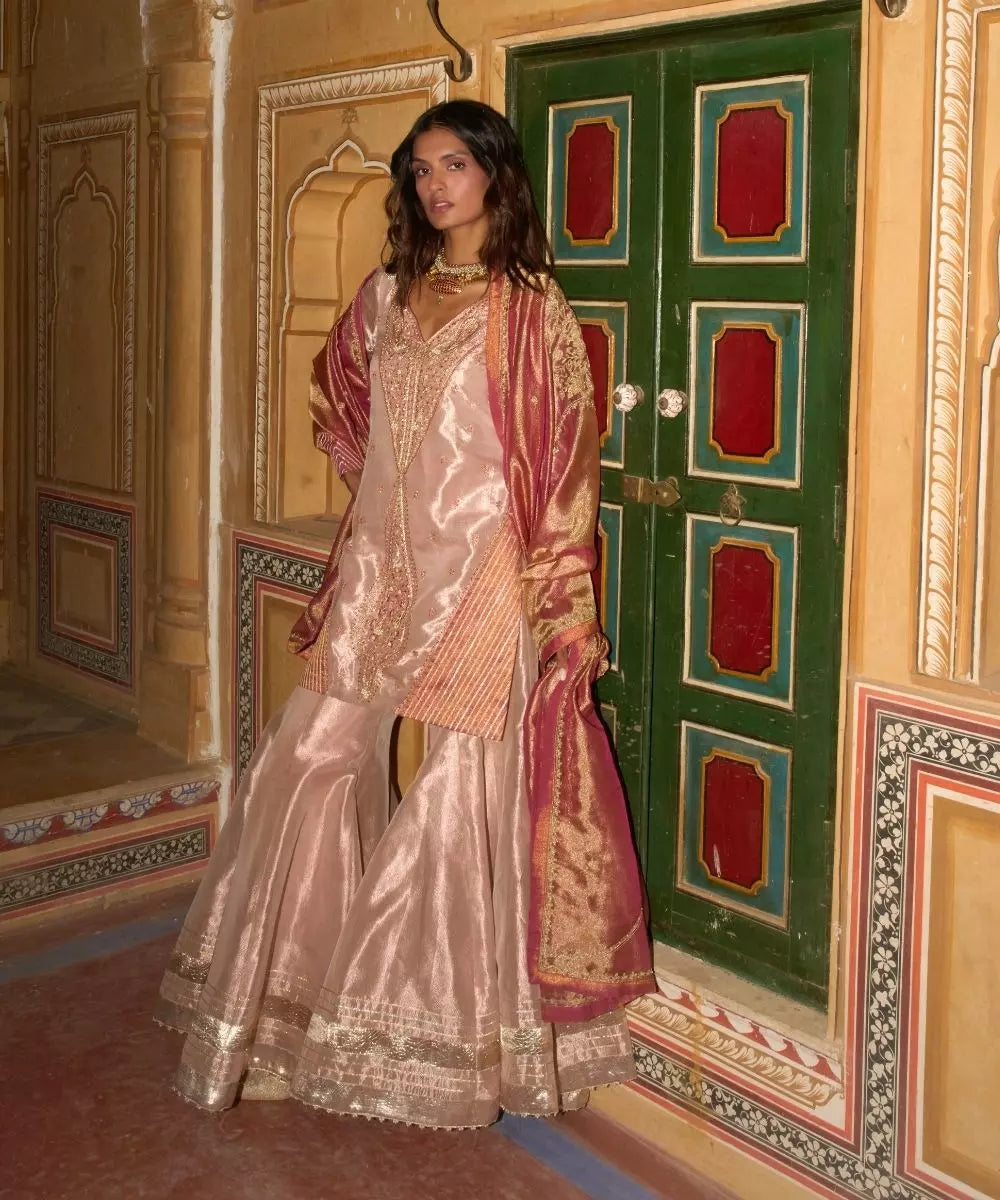 Aditi Gupta - Rose Gold short Kurta with Sharara and Hot pink dupatta in silk zari  tissue