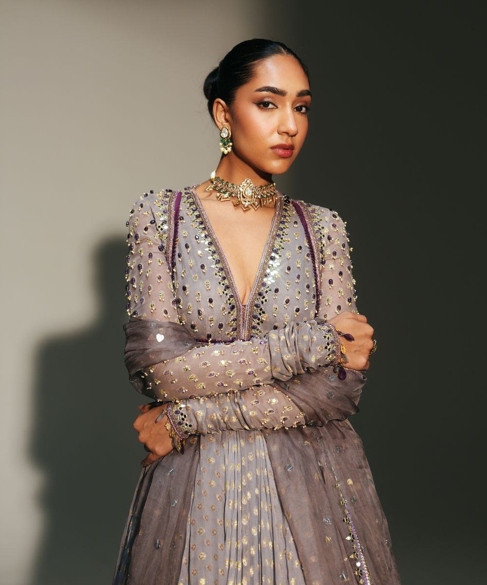 SIDRA - HAND EMBROIDERED FULL SLEEVES ANARKALI PAIRED WITH MATCHING DUPATTA - Mehfil by Mahima Mahajan