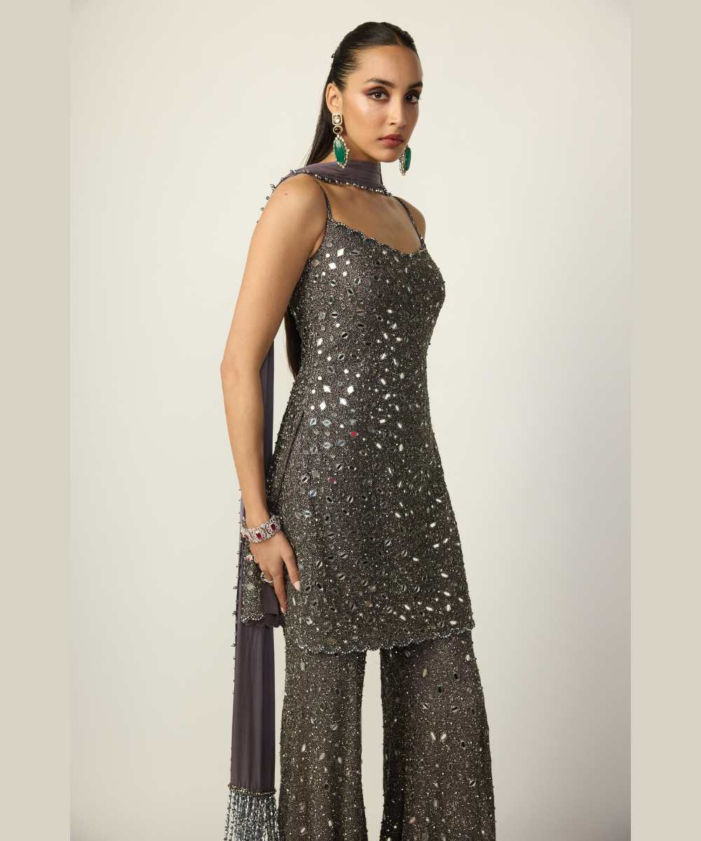 Metallic Grey Sharara With Kurta Set