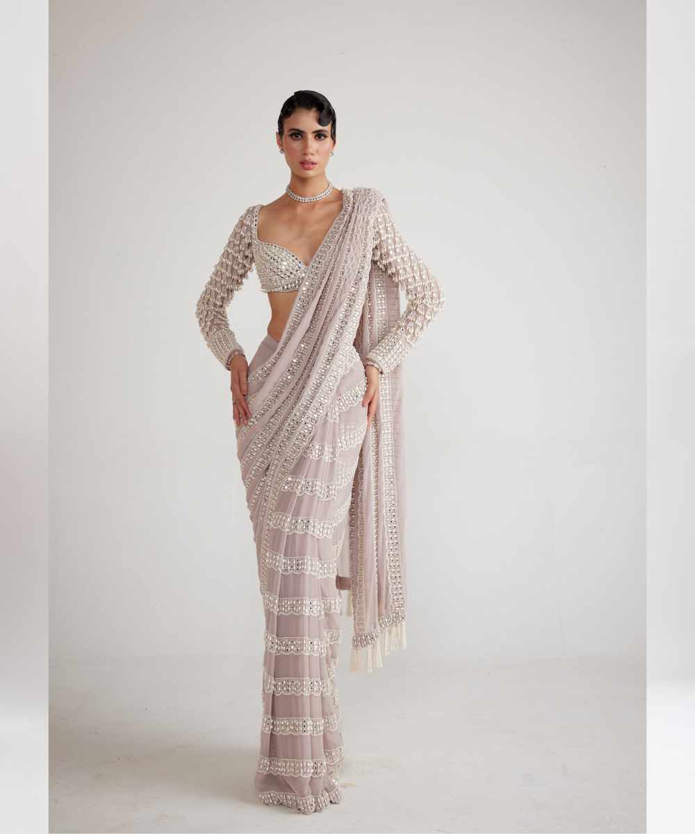 Ash Pink Chandelier Pearl Drop Saree Set - Collection name Piroi by Vvani vats