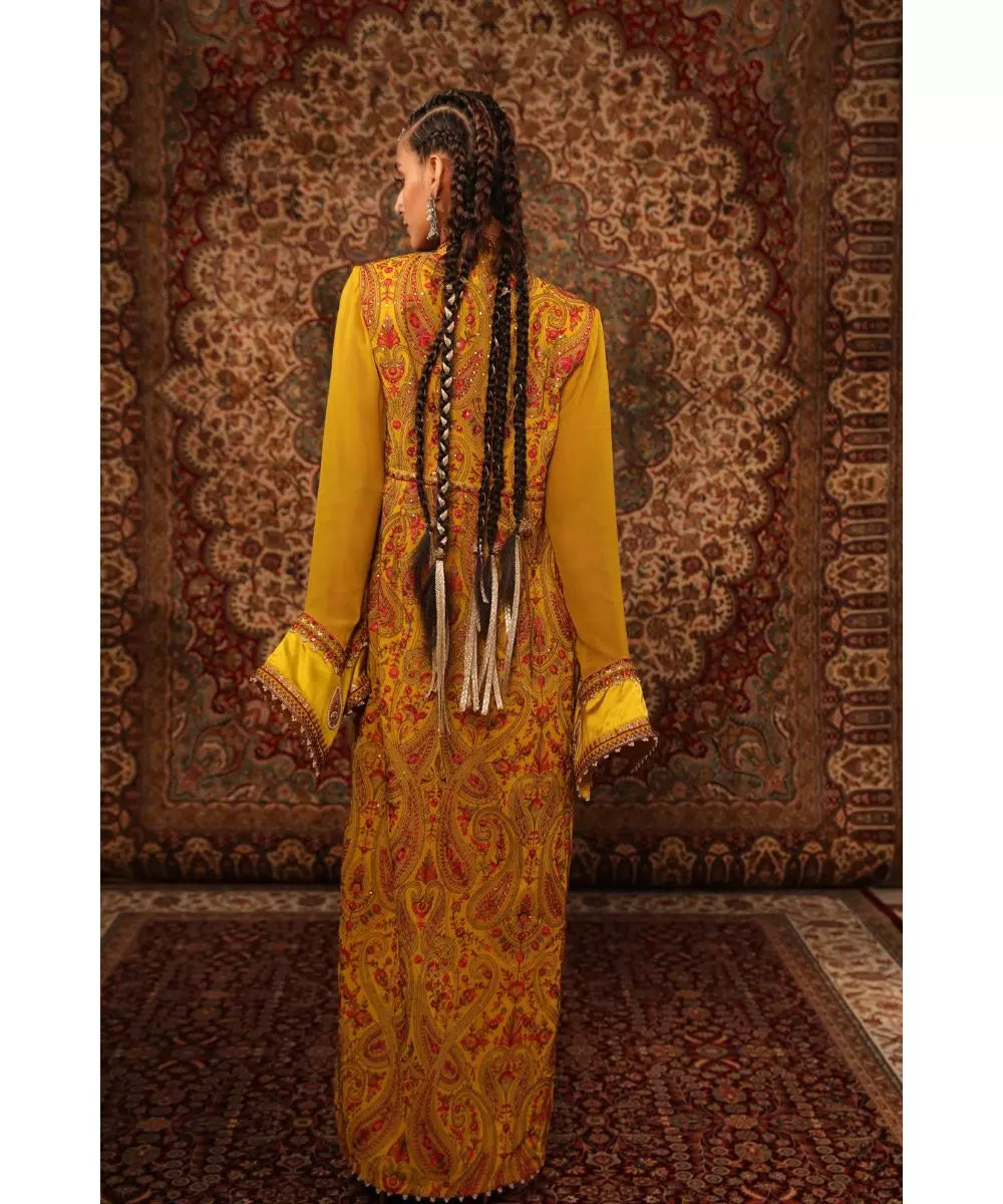 ADITI GUPTA - Mustard Blouse Draped Skirt and Jamawaar Jacket