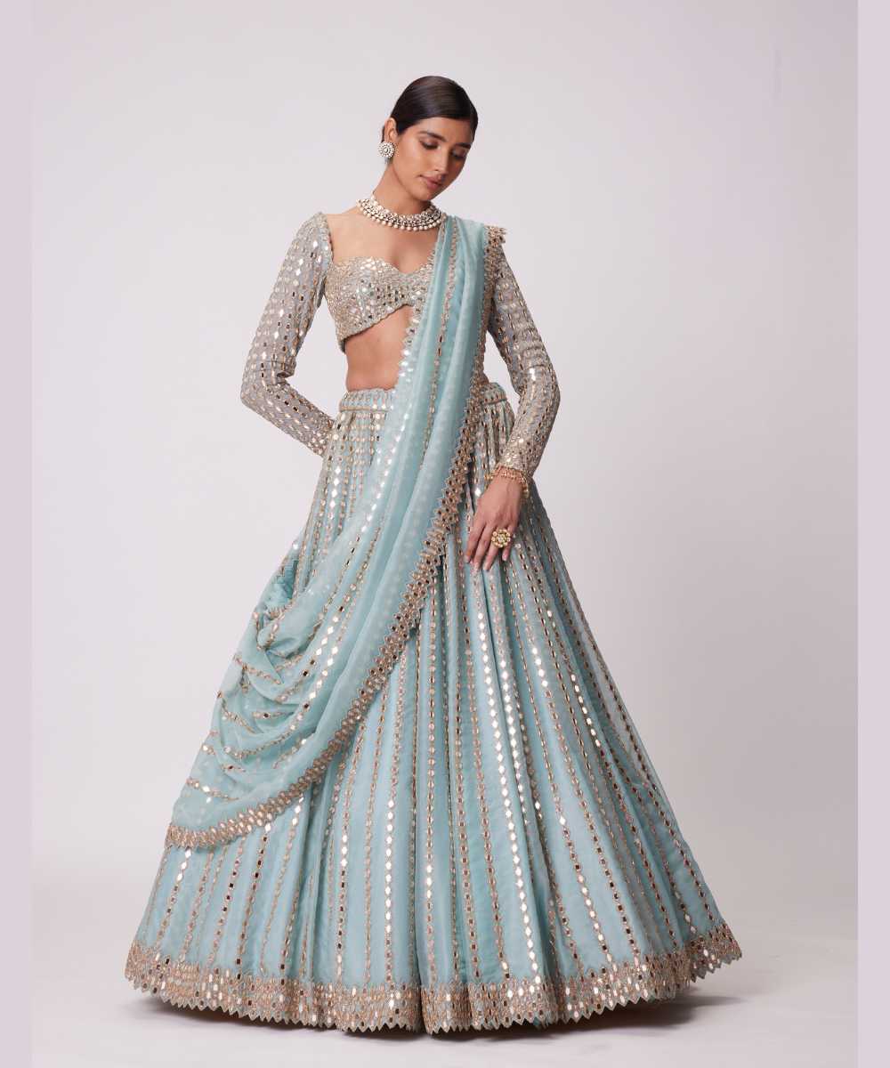 POWDER BLUE LINEAR EMBROIDERED LEHENGA SET  - Collection name Jugmug Bride by Vvani Vats