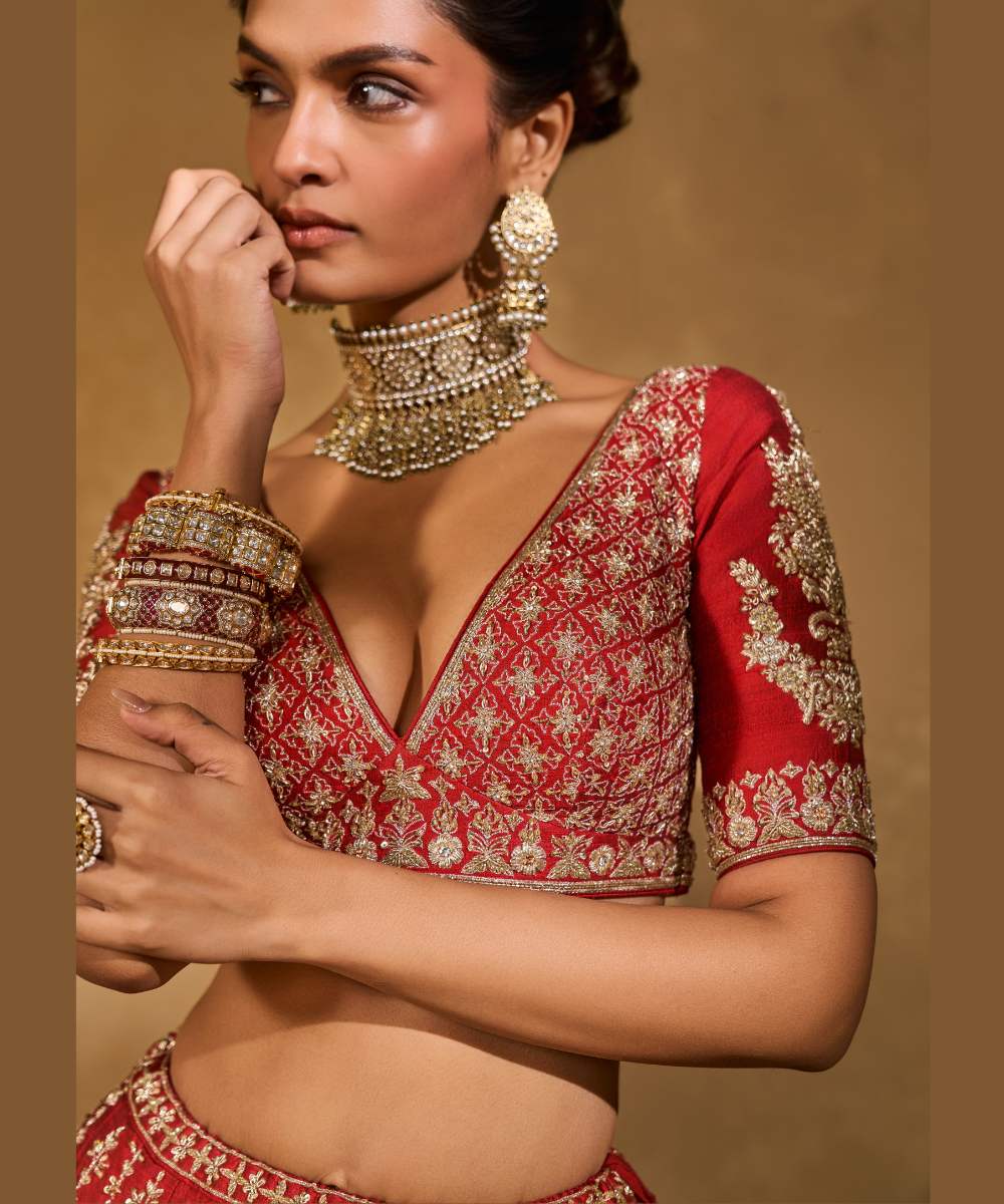 MOHINI LEHENGA - Red raw silk zardozi, glassbeads and sequence embroidered lehenga and blouse paired with banarasi dupatta - Leher by Chamee and Palak