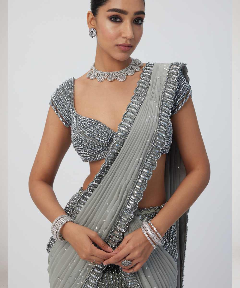 Crystal Grey Sequins Embroidered Saree Set -  Collection name Maya by Vvani Vats