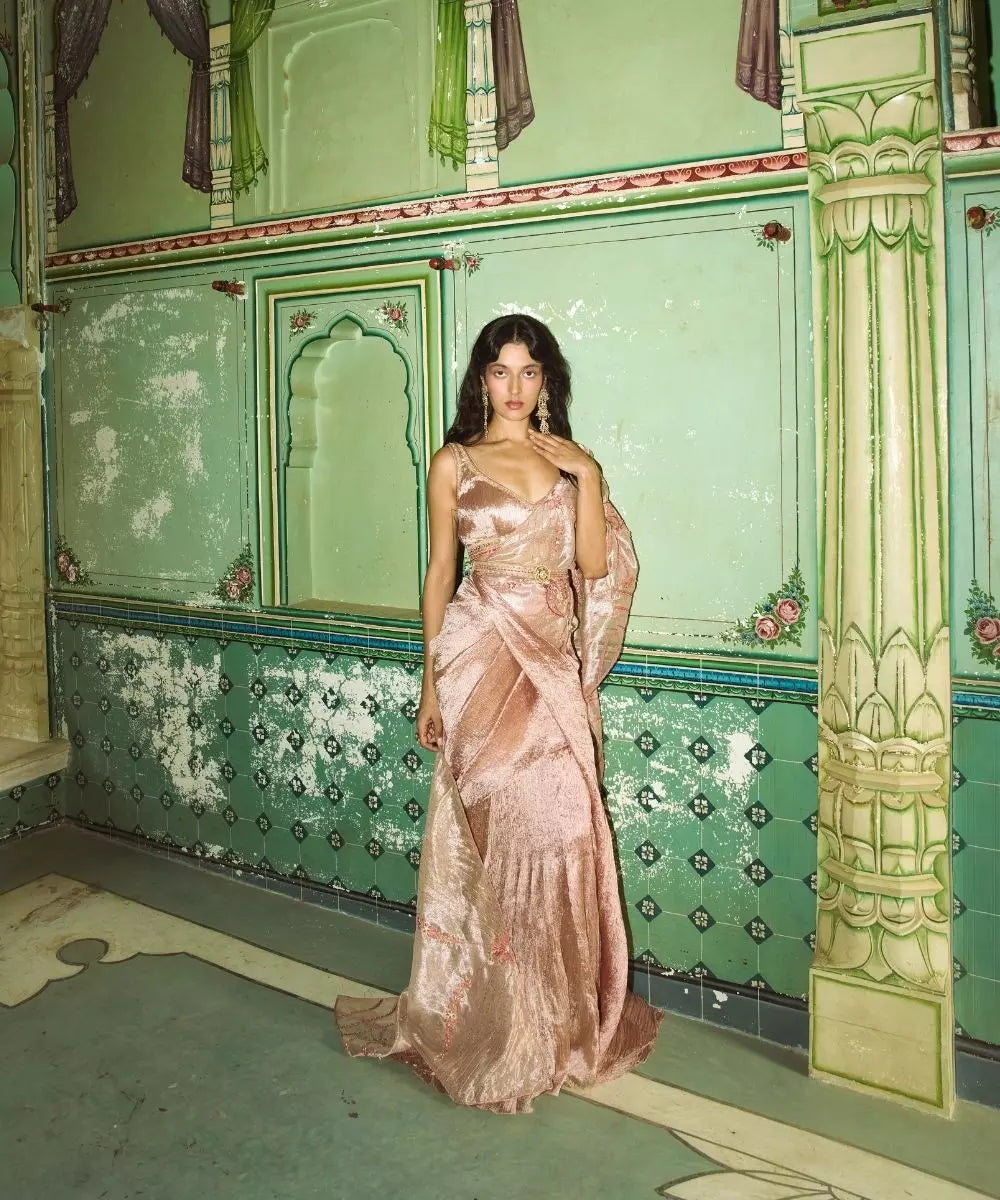 Aditi Gupta - Rose Gold Crushed Silk Saree