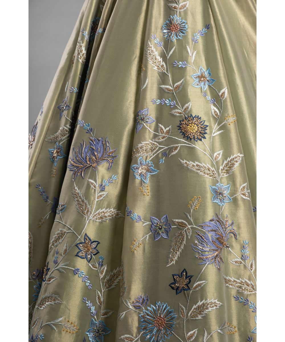 Leaf green tissue Lehenga with a Draped Halter Blouse