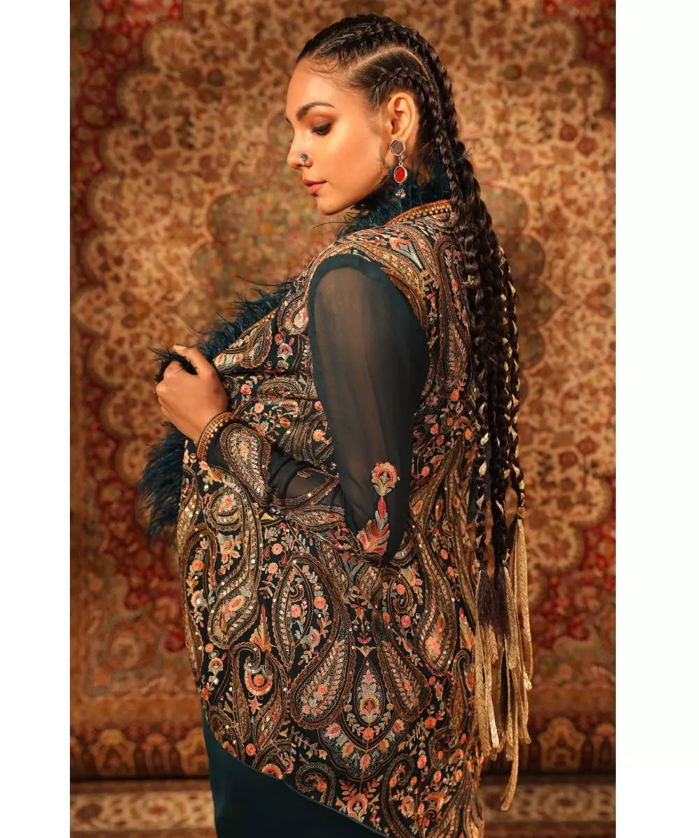 ADITI GUPTA - Teal jamawaar Jacket with Fur Blouse and Draped Skirt