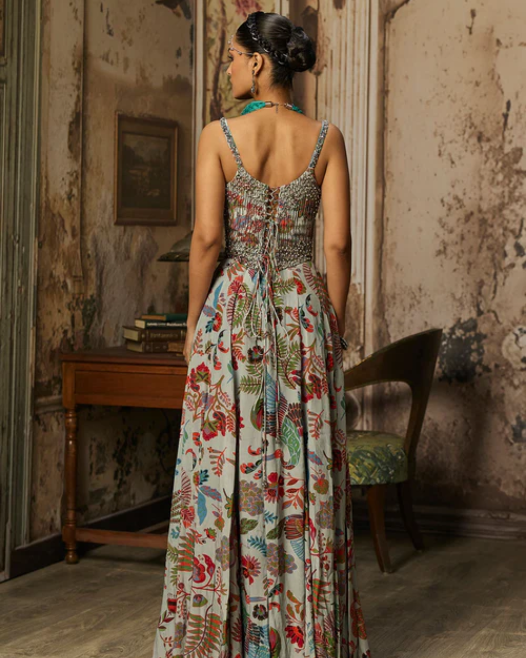 Diya Rajvvir - Slate Grey Printed And Highlighted Corset Gown from Bahaar