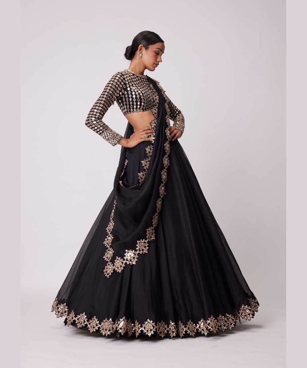 BLACK ORGANZA MIRROR EMBROIDERED LEHENGA SET - Jugmug Bride by Vvani Vats