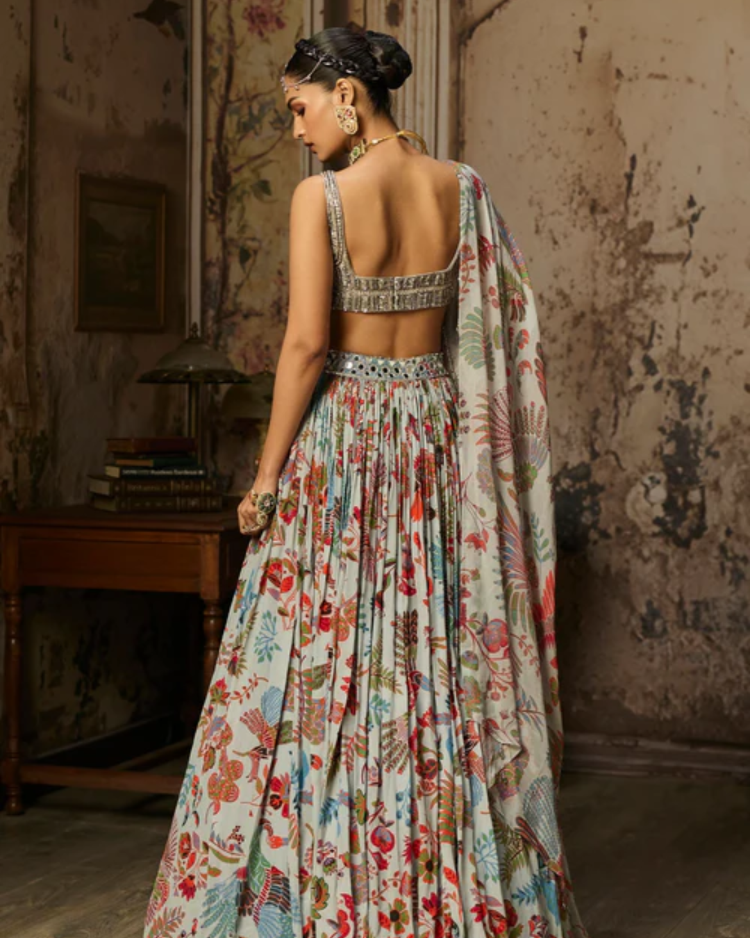 Diya Rajvvir - Slate Grey Embroidered Blouse And Printed Lehenga Set from Bahaar