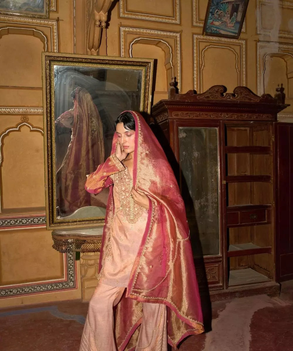 Aditi Gupta - Rose pink short Kurta with Bell Bottom Pants with Hot pink dupatta