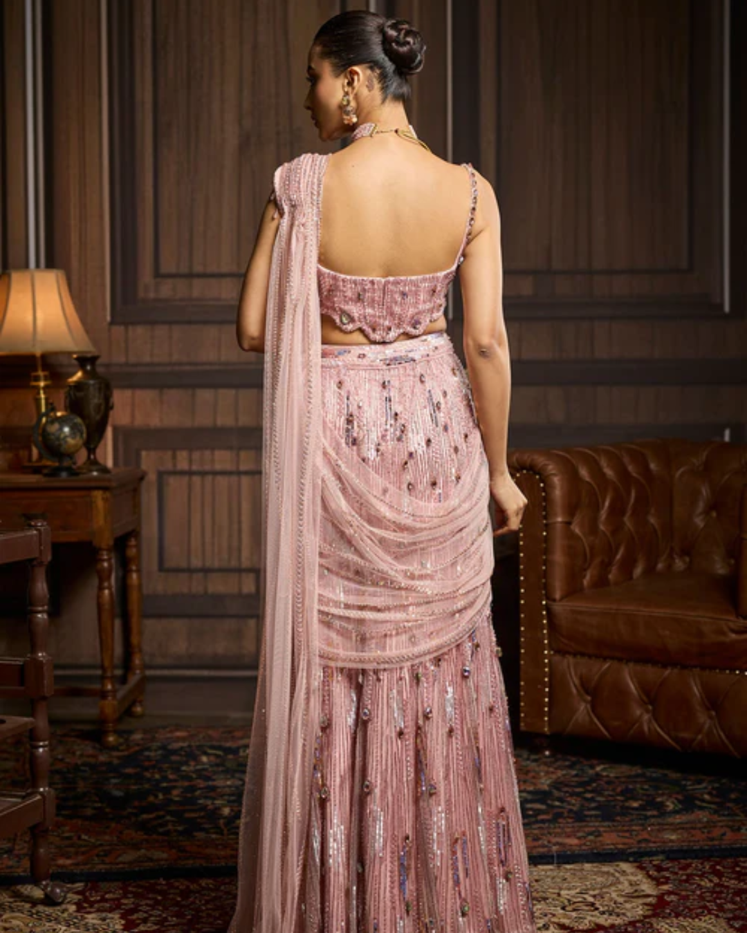 Diya Rajvvir - Blush Pink Embellished Pre-Draped Skirt Saree Set from Taara