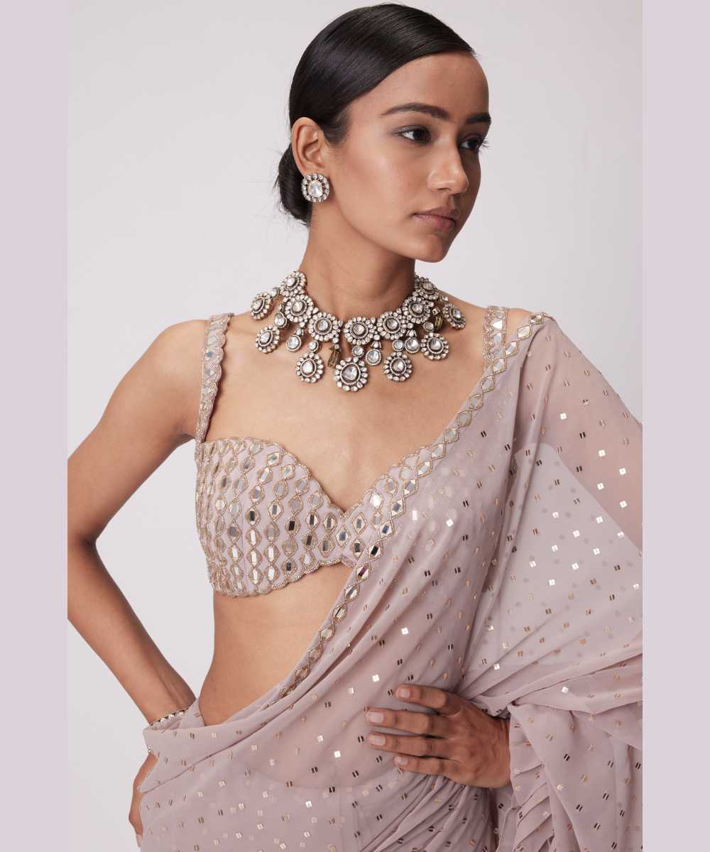 ASH PINK FRILL SAREE SET -  Jugmug Bride by Vvani Vats