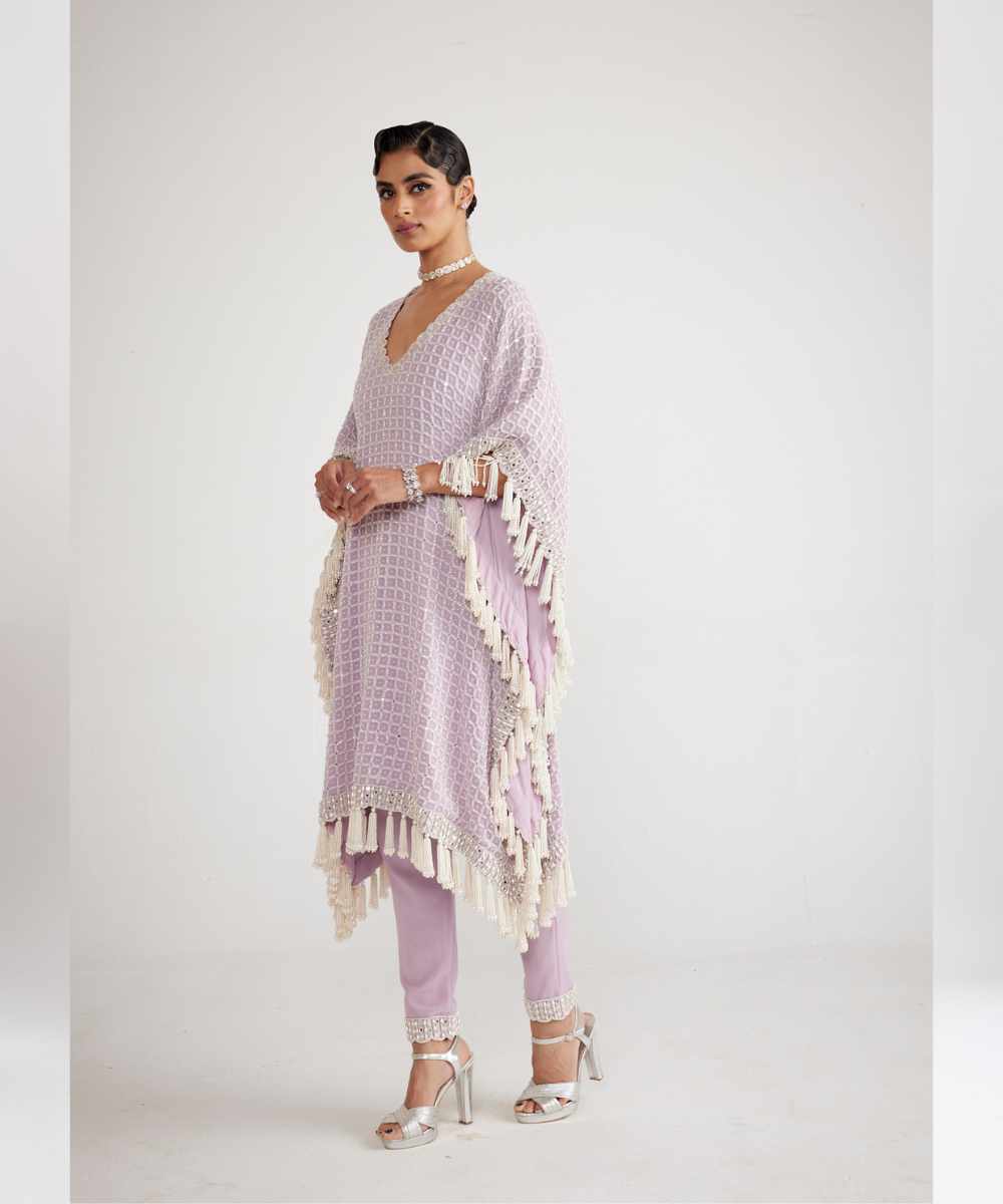 Powder Lilac Chandelier Pearl Drop Kaftan Set - Collection name Piroi by Vvani vats