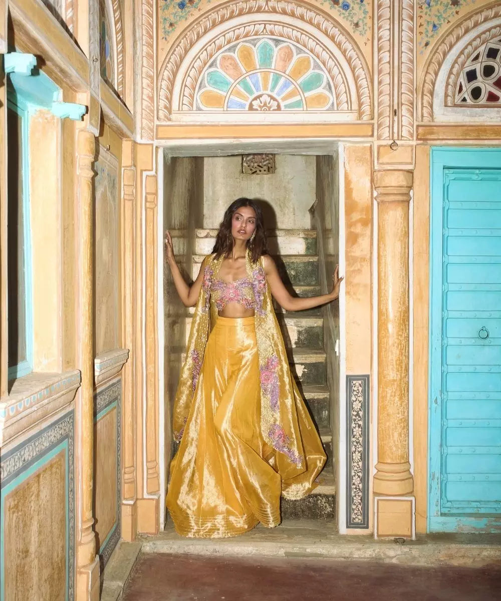 Aditi Gupta - Mustard Yellow pure Zari tissue with Sharara Set with Organza Cape
