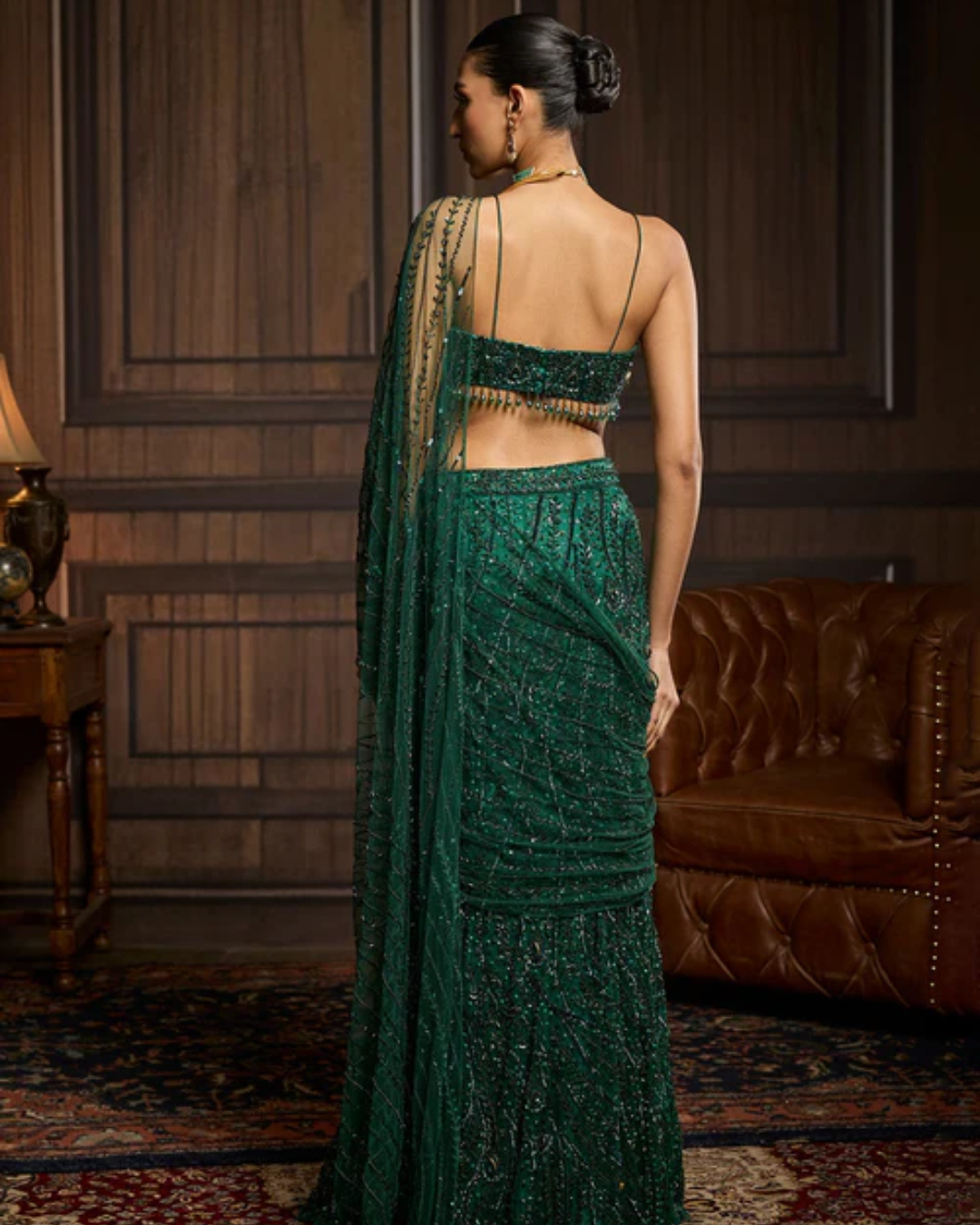 Diya Rajvvir - Emerald Green Embellished Blouse And Pre-Draped Saree Set from Taara