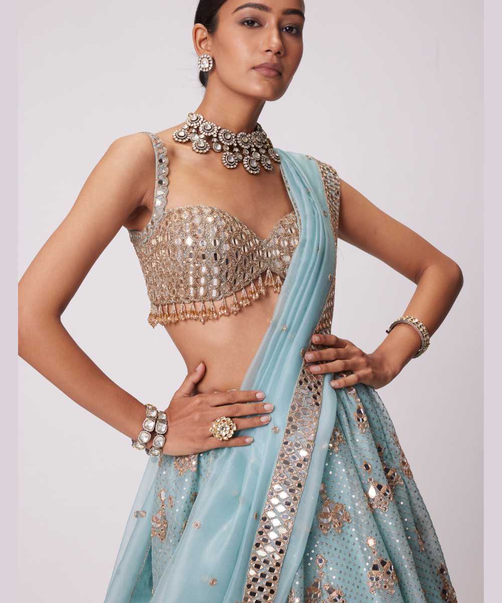 POWDER BLUE ORGANZA SEQUIN EMBROIDERED LEHENGA SET - Collection name Jugmug Bride by Vvani Vats
