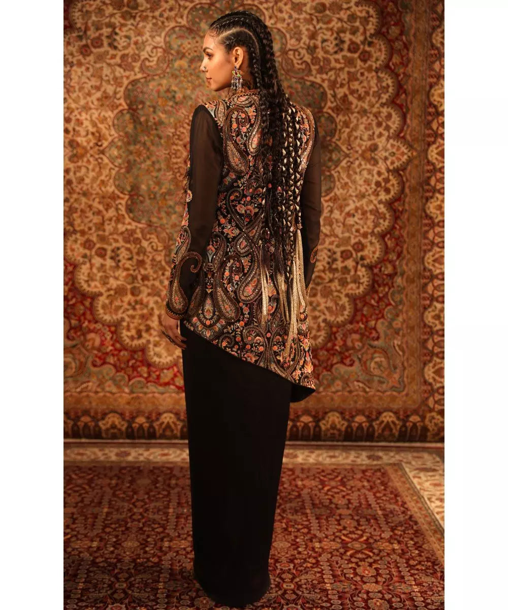 ADITI GUPTA  - Black Jamawaar Jacket with Fur knotted Blouse Draped Skirt