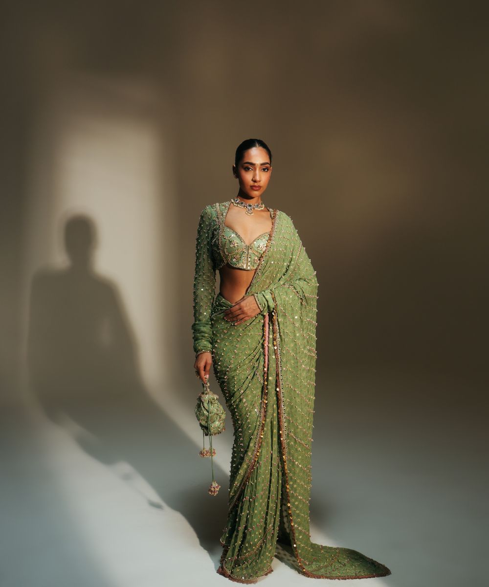 UNNATI - HEAVY HAND EMBROIDERED PREDRAPED SAREE PAIRED WITH FULL SLEVEES BLOUSE - Mehfil by Mahima Mahajan