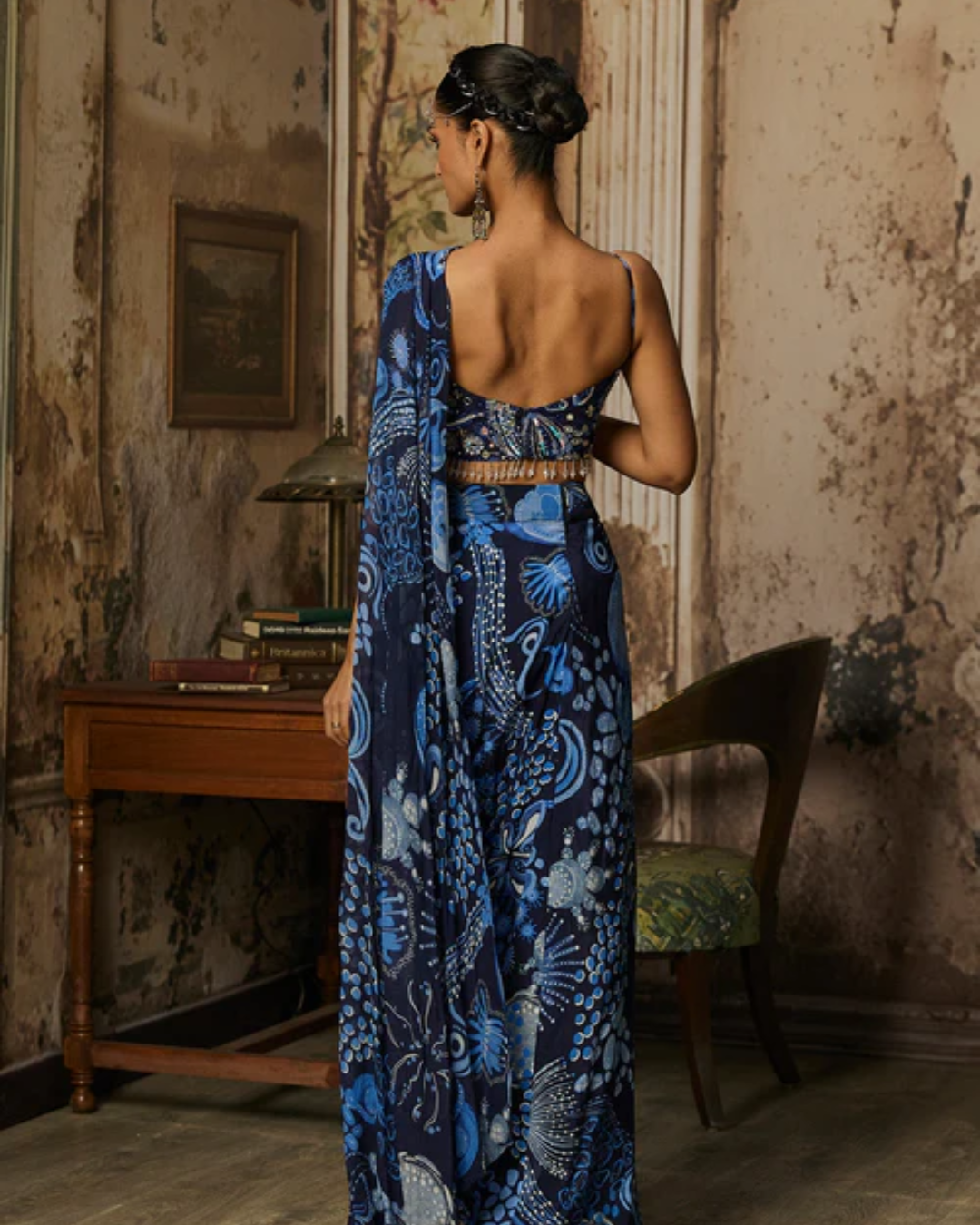 Diya Rajvvir -  Navy Blue Printed Drape Asymmetric Crop Top And Skirt Set from Bahaar