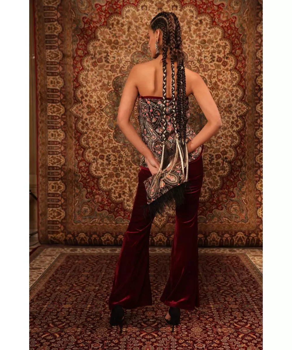ADITI GUPTA - Wine Jamawaar Wrap around Strapless Top with Velvet Straight Pants