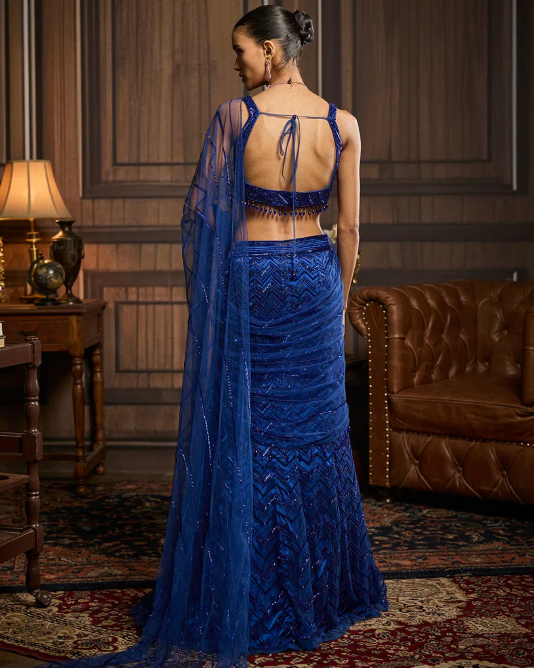 Diya Rajvvir - Electric Blue Embellished Blouse And Pre-Draped Dhoti Saree Set from Taara