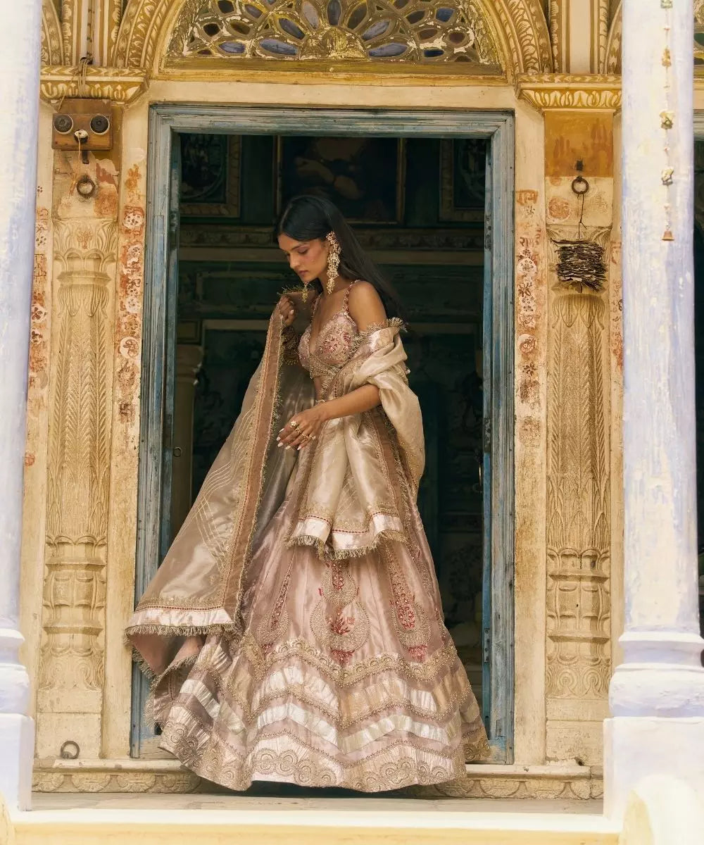 Aditi Gupta - Rose Gold silk zari tissue with Pearl gold zari tissue dupatta Lehenga Set