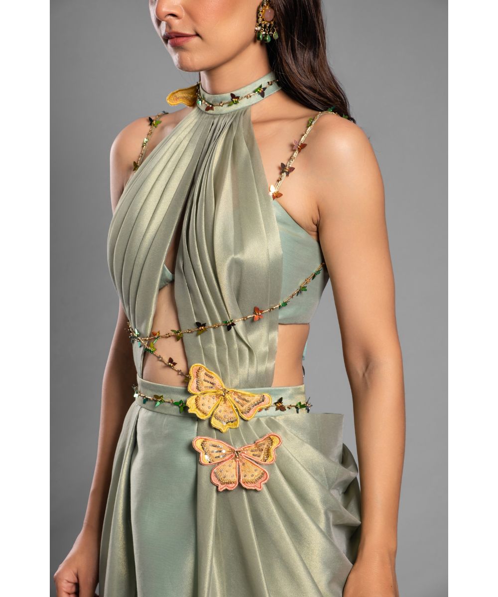 Light green Brocade Dress, Gold handwork Belt