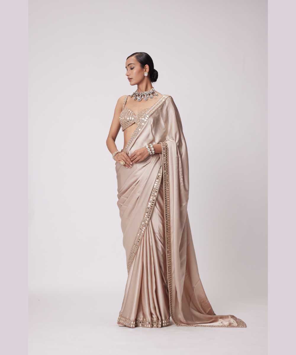 LIGHT BEIGE SATIN SAREE SET - Jugmug Bride by Vvani Vats