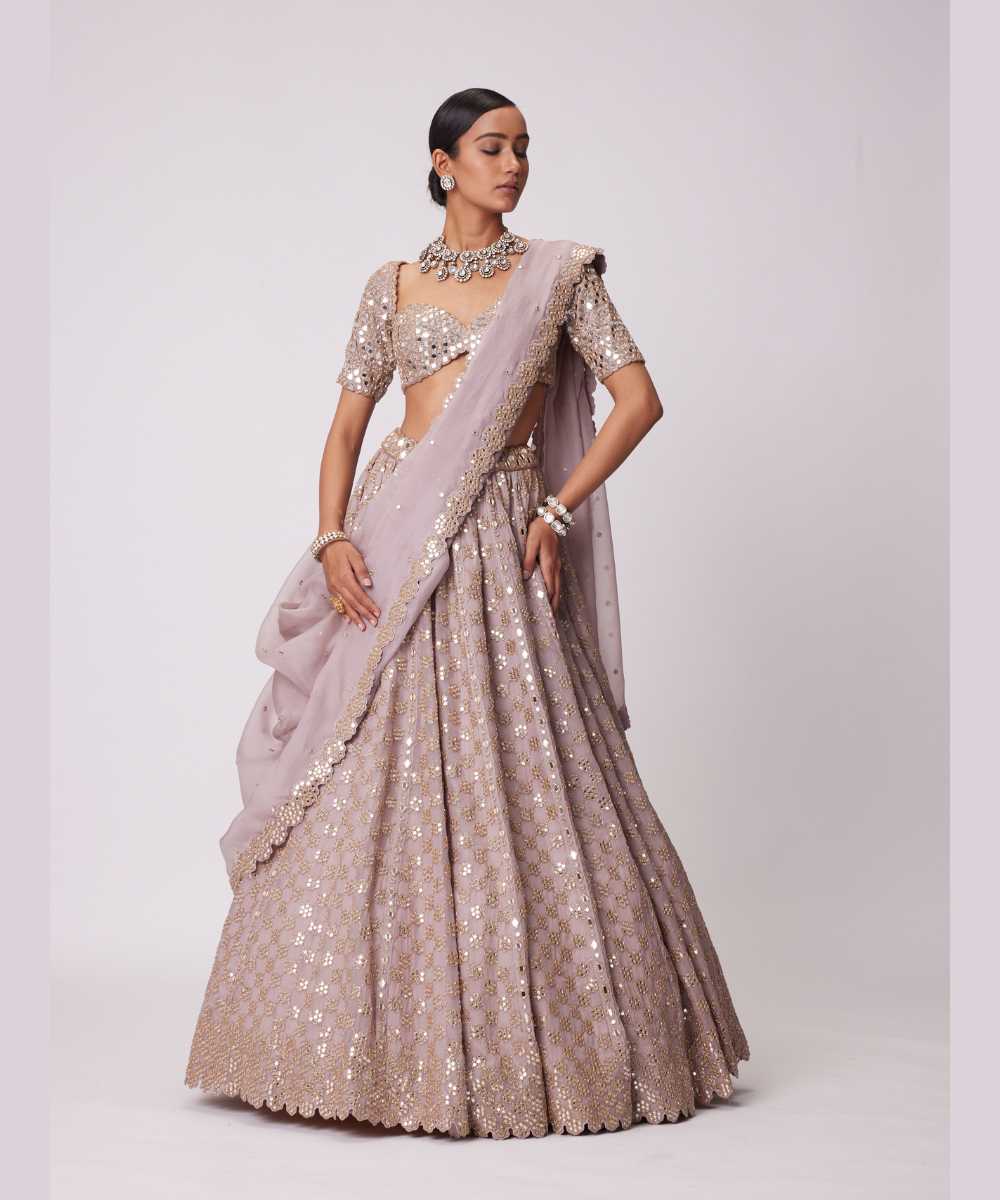 ASH PINK MIRROR FLOWER EMBROIDERED LEHENGA SET - Collection name Jugmug Bride by Vvani Vats