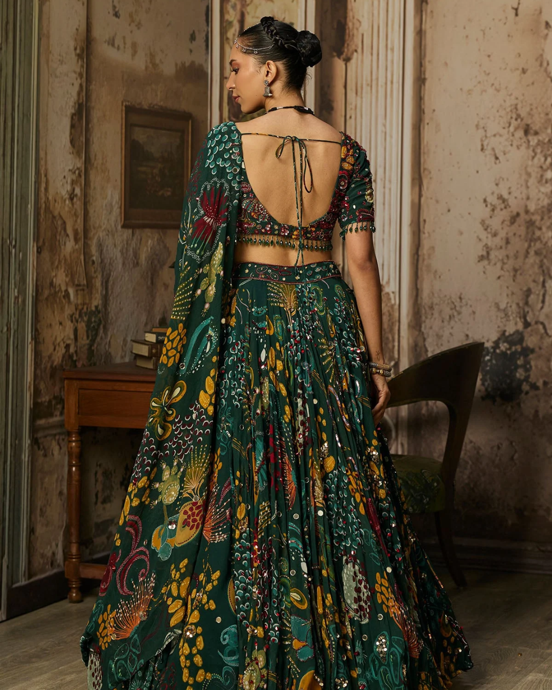 Diya Rajvvir - Dark Green Printed And Highlighted Lehenga Set from Bahaar