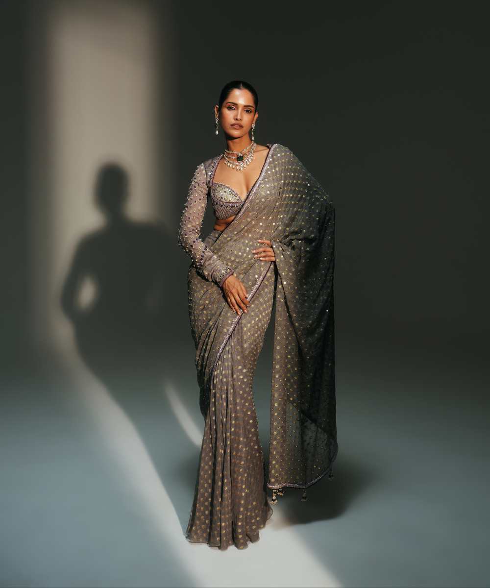 DRITI - PLATINUM HAND EMBROIDERED PREDRAPED SAREE - Mehfil by Mahima Mahajan