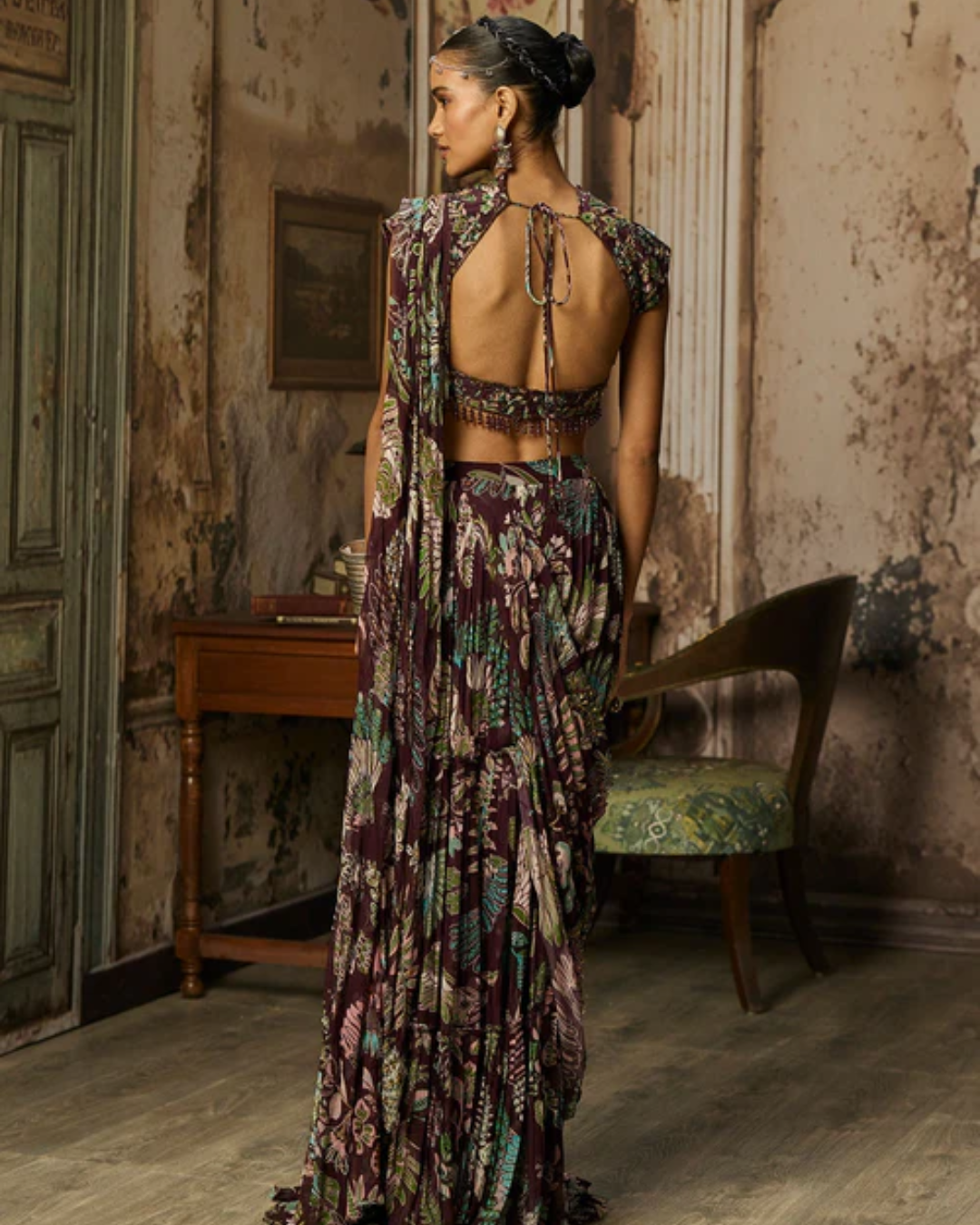 Diya Rajvvir - Plum Print And Highlighted Tiered Skirt Saree Set from Bahaar