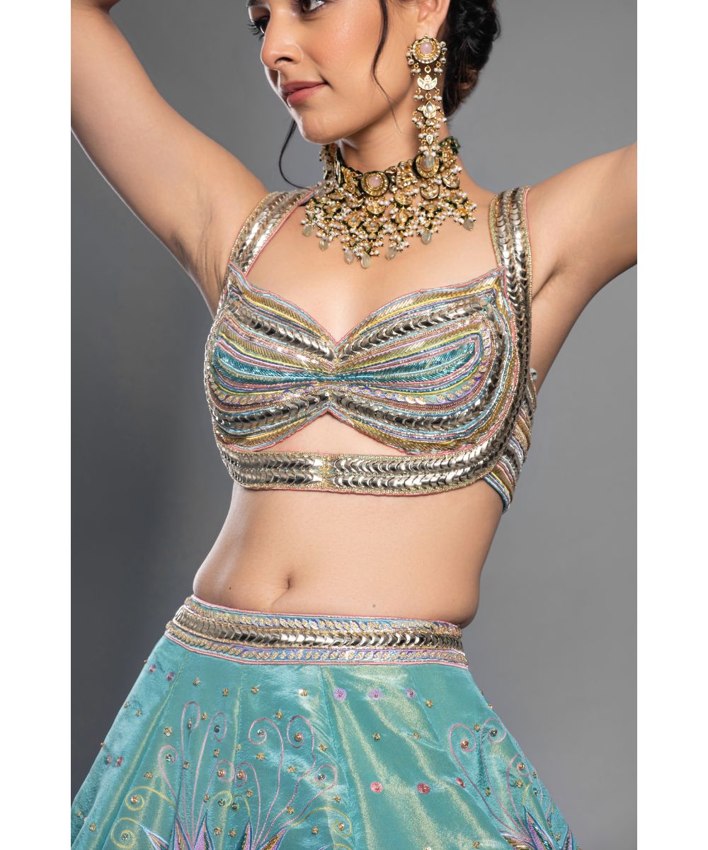 Aqua Silk Tissue Lehenga Draped Blouse